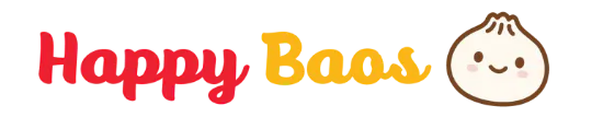 Happy Baos restaurant logo with cute cartoon bao character